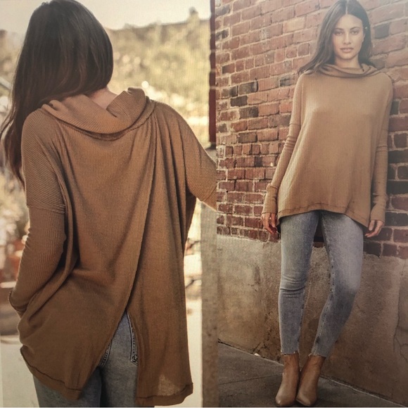 Free People Juicy Ribbed Cowl Neck Long Sleeve Top Vintage Bronze Medium - Picture 4 of 16